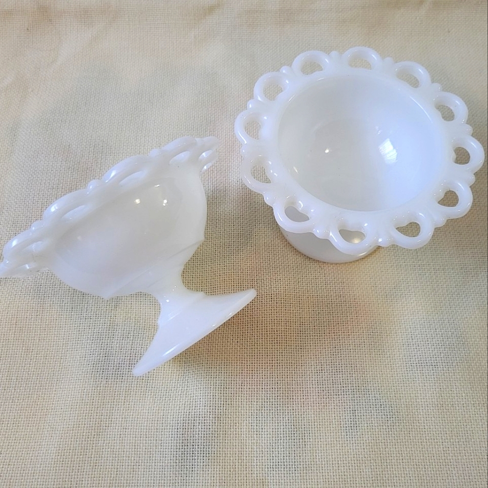 Vintage Anchor Hocking Milk Glass Open Lace Compote set of 2